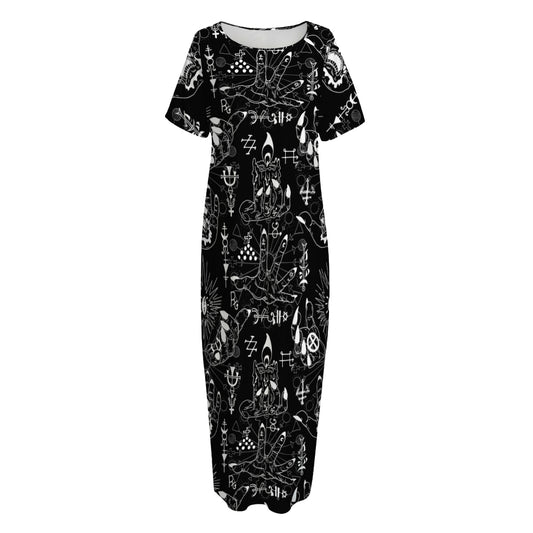 Black And White Supernatural Wicca Print Short Sleeve Long Nightdress