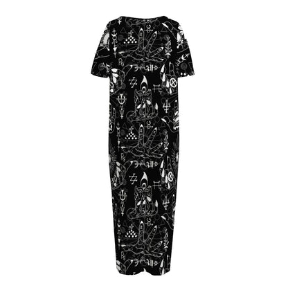 Black And White Supernatural Wicca Print Short Sleeve Long Nightdress