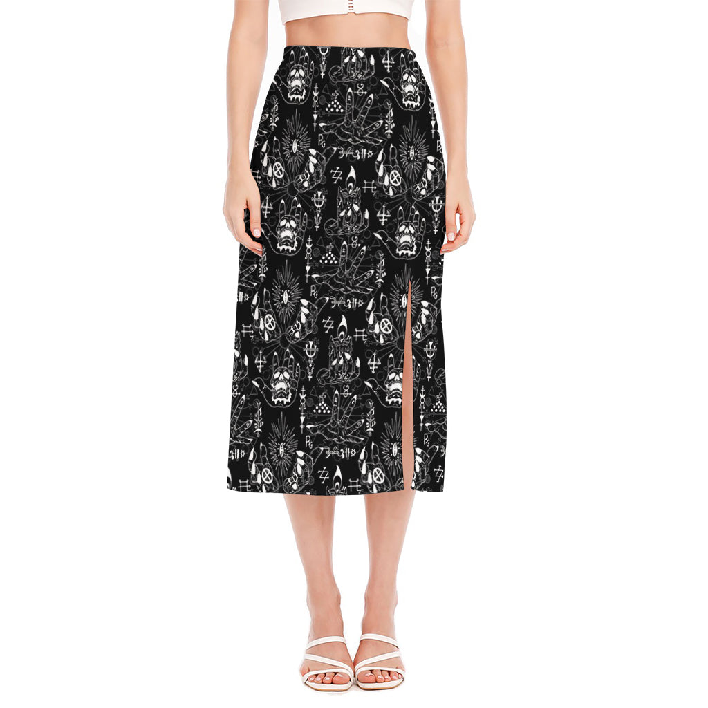 Black And White Supernatural Wicca Print Side Slit Midi Skirt