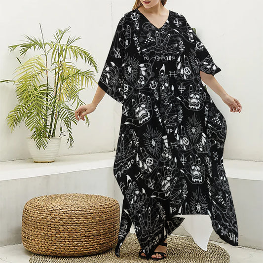 Black And White Supernatural Wicca Print Silk V-Neck Kaftan Dress