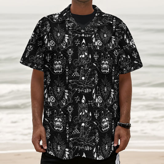 Black And White Supernatural Wicca Print Textured Short Sleeve Shirt