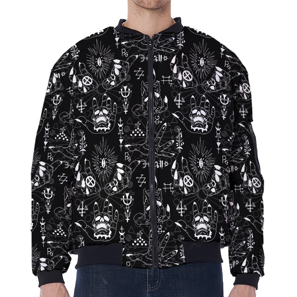 Black And White Supernatural Wicca Print Zip Sleeve Bomber Jacket