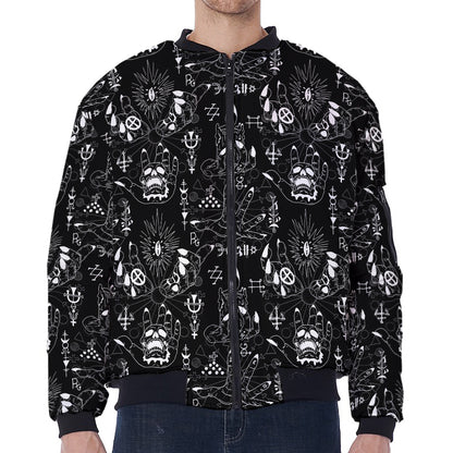 Black And White Supernatural Wicca Print Zip Sleeve Bomber Jacket