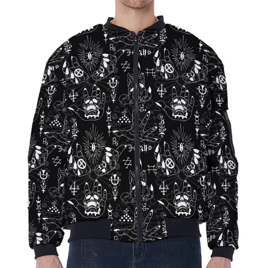 Black And White Supernatural Wicca Print Zip Sleeve Bomber Jacket