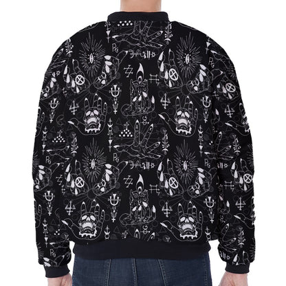 Black And White Supernatural Wicca Print Zip Sleeve Bomber Jacket