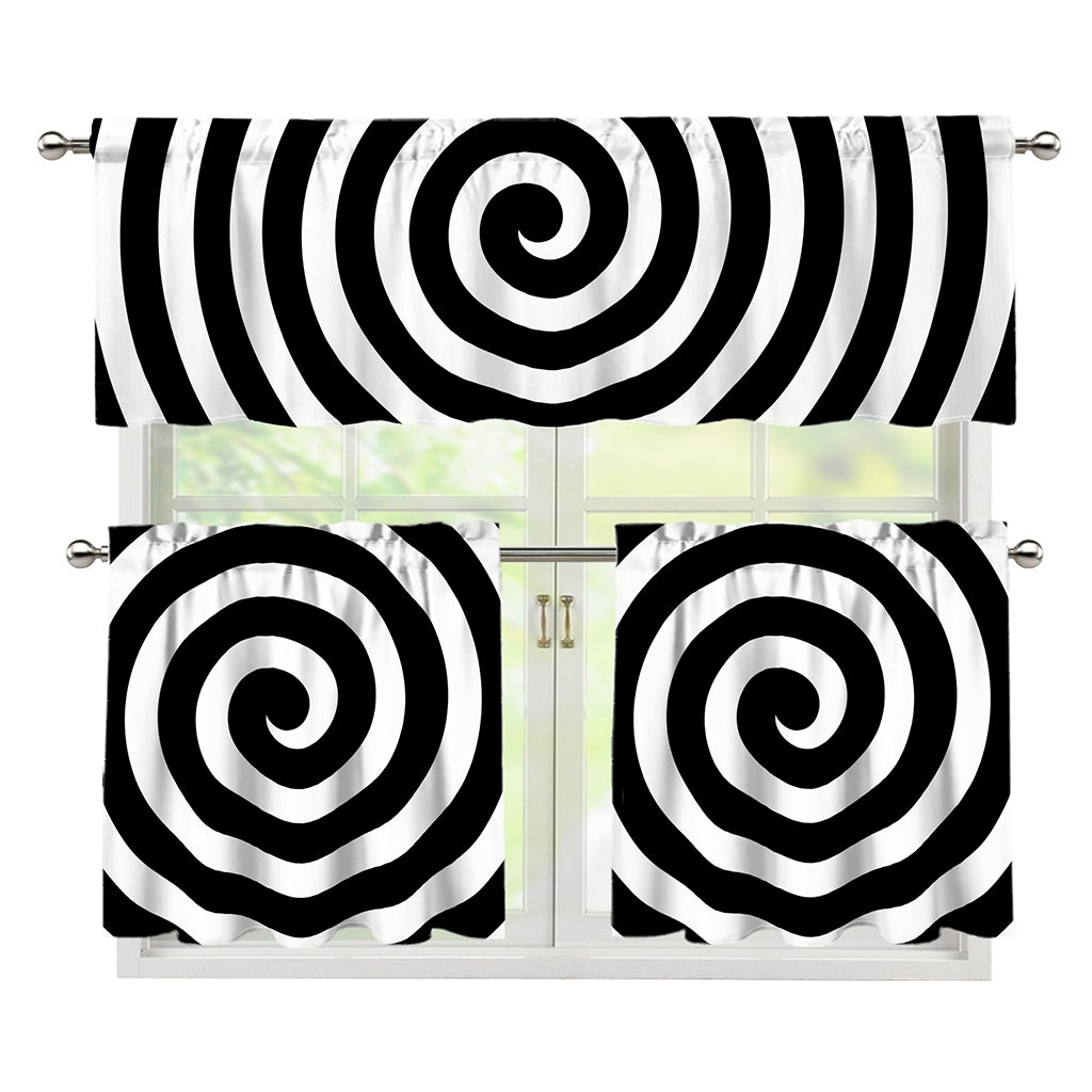Black And White Swirl Illusion Print 3 Piece Kitchen Curtains