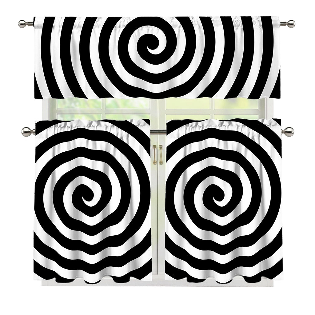 Black And White Swirl Illusion Print 3 Piece Kitchen Curtains