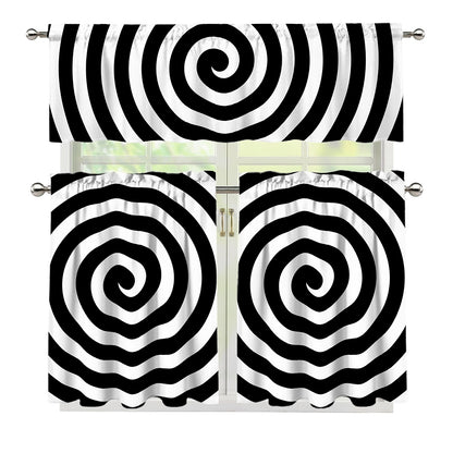 Black And White Swirl Illusion Print 3 Piece Kitchen Curtains