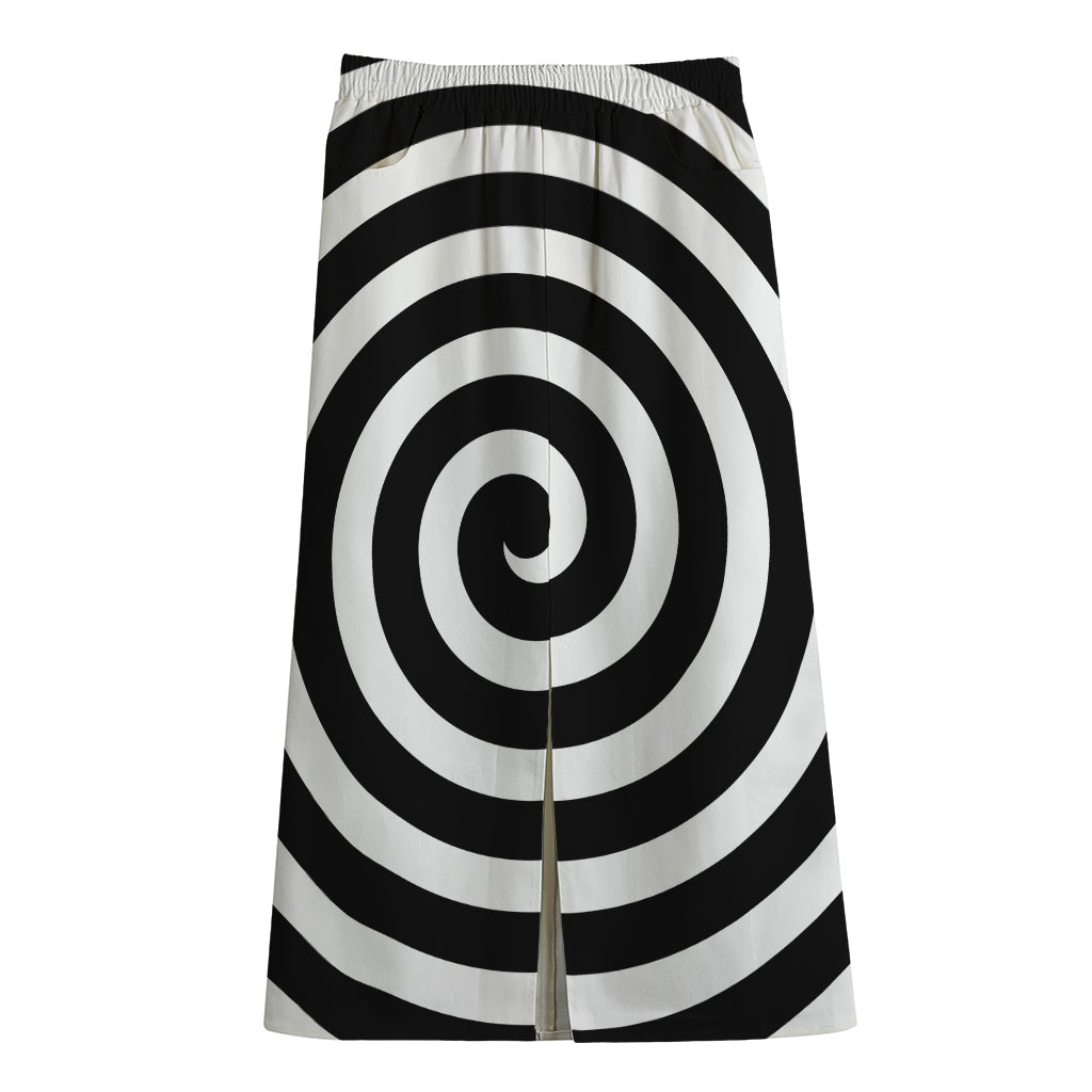 Black And White Swirl Illusion Print Cotton Front Slit Maxi Skirt