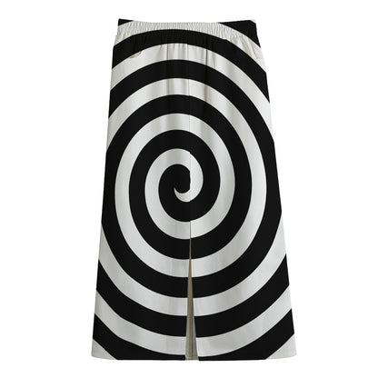 Black And White Swirl Illusion Print Cotton Front Slit Maxi Skirt