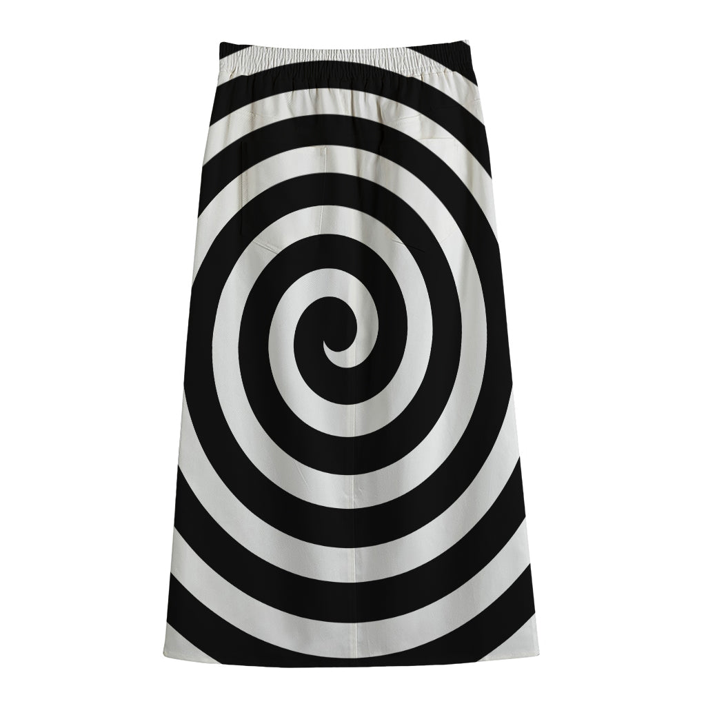 Black And White Swirl Illusion Print Cotton Front Slit Maxi Skirt