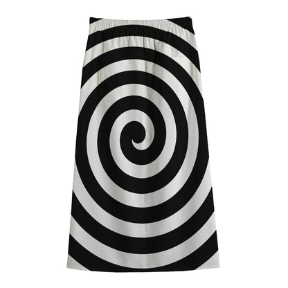 Black And White Swirl Illusion Print Cotton Front Slit Maxi Skirt