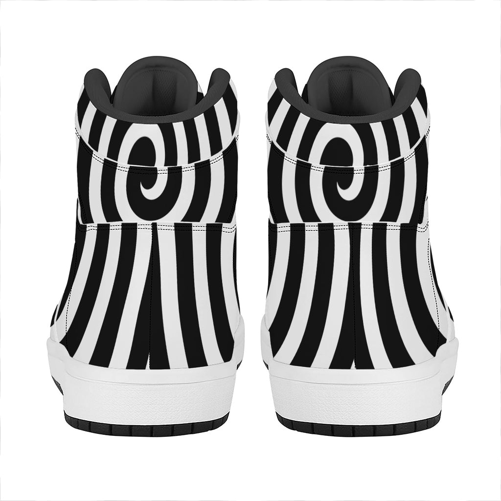 Black And White Swirl Illusion Print High Top Leather Sneakers