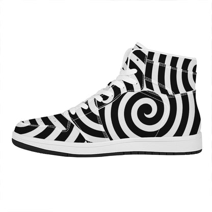 Black And White Swirl Illusion Print High Top Leather Sneakers