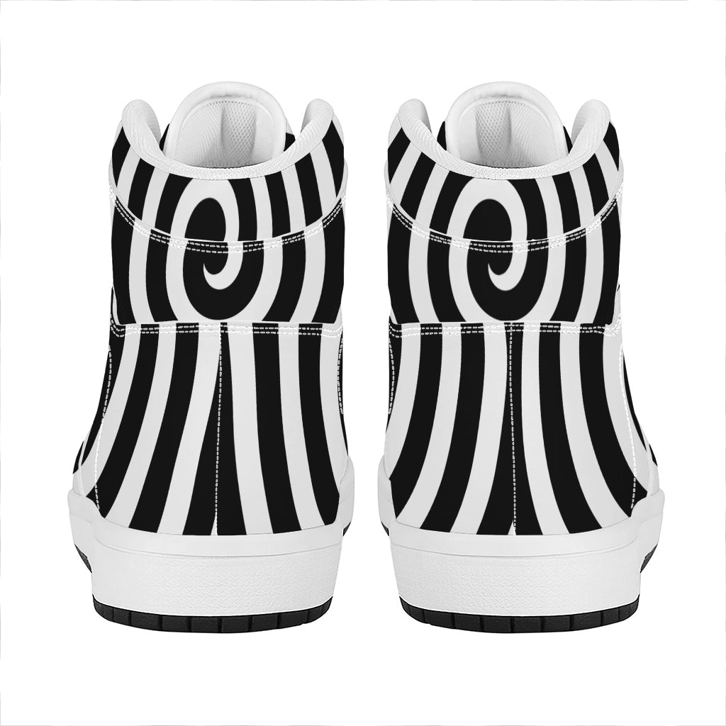 Black And White Swirl Illusion Print High Top Leather Sneakers