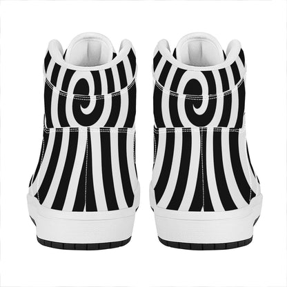 Black And White Swirl Illusion Print High Top Leather Sneakers