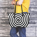 Black And White Swirl Illusion Print Leather Tote Bag