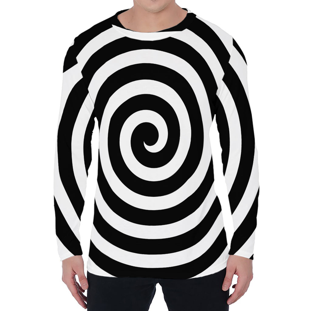Black And White Swirl Illusion Print Men's Long Sleeve T-Shirt