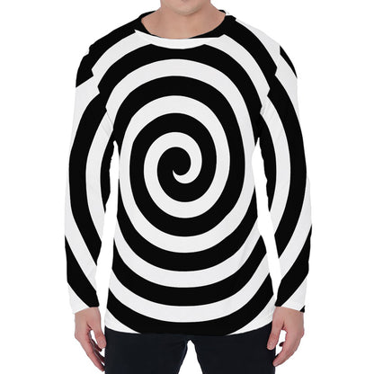 Black And White Swirl Illusion Print Men's Long Sleeve T-Shirt