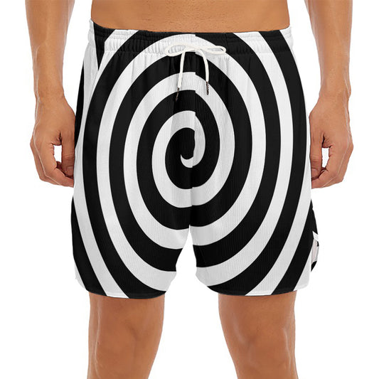 Black And White Swirl Illusion Print Men's Split Running Shorts