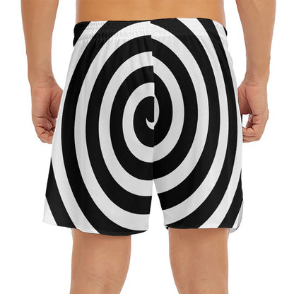 Black And White Swirl Illusion Print Men's Split Running Shorts
