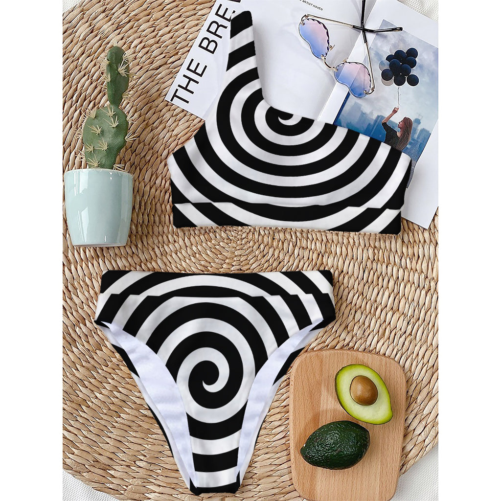 Black And White Swirl Illusion Print One Shoulder Bikini Top