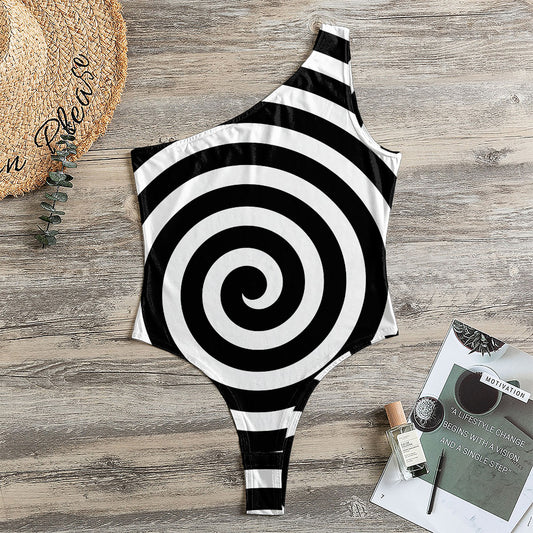 Black And White Swirl Illusion Print One Shoulder Bodysuit