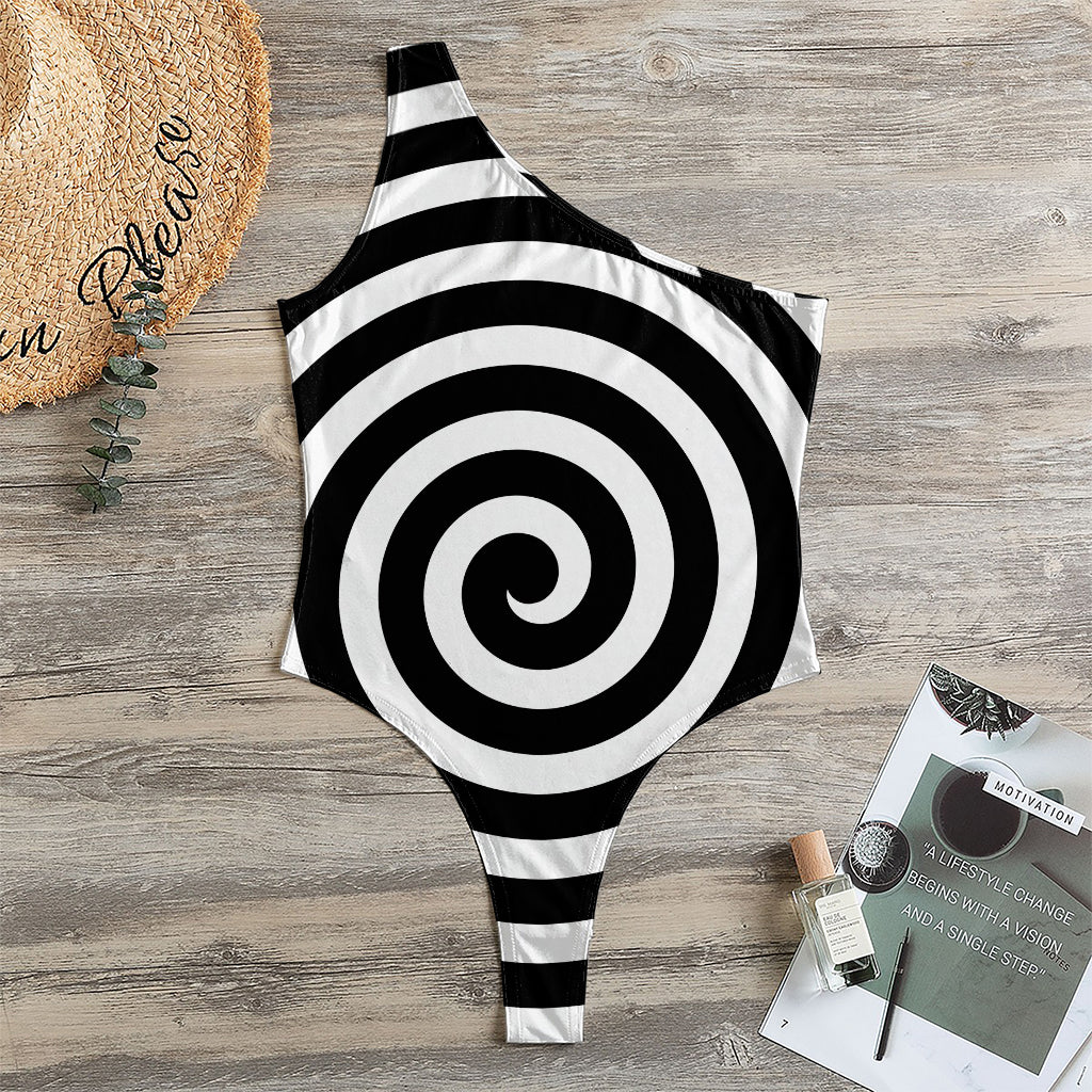 Black And White Swirl Illusion Print One Shoulder Bodysuit