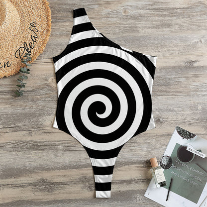 Black And White Swirl Illusion Print One Shoulder Bodysuit