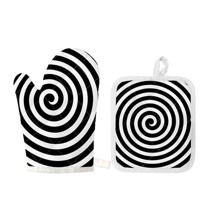 Black And White Swirl Illusion Print Oven Mitt And Pot Holder Set