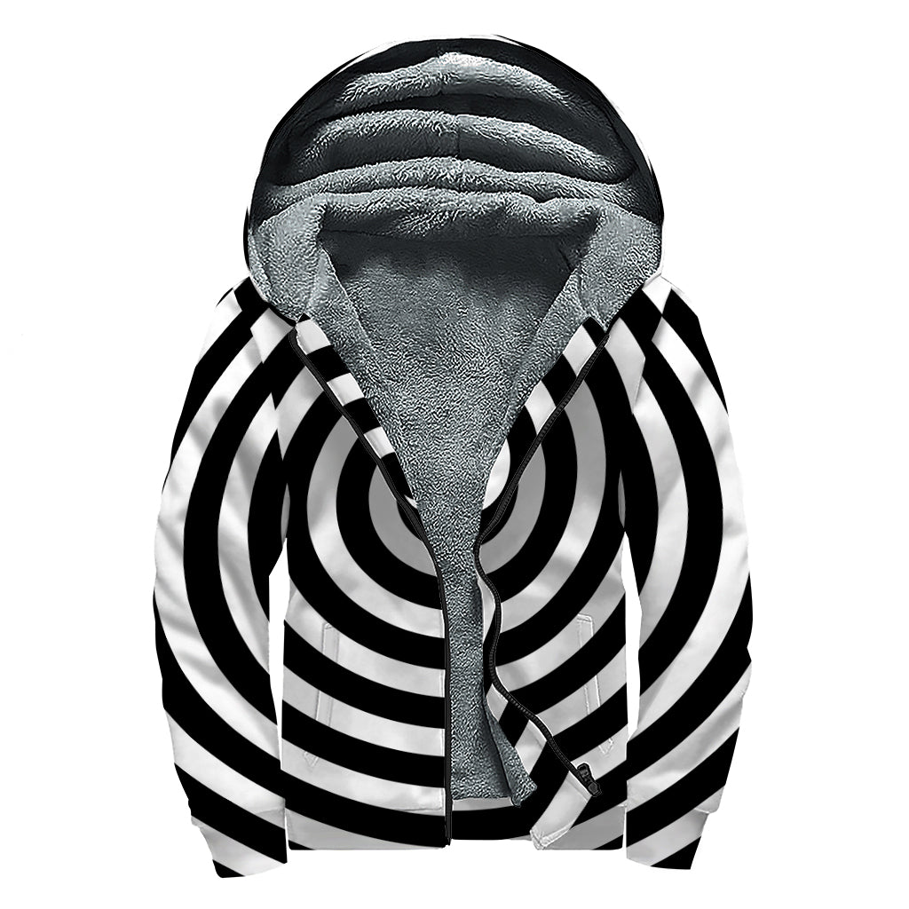 Black And White Swirl Illusion Print Sherpa Lined Zip Up Hoodie