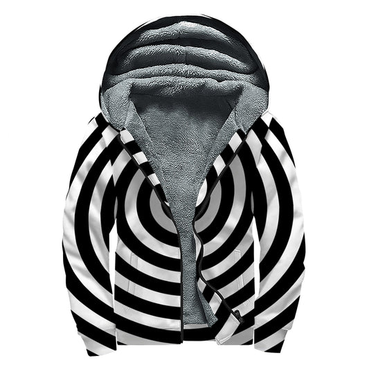 Black And White Swirl Illusion Print Sherpa Lined Zip Up Hoodie