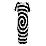 Black And White Swirl Illusion Print Short Sleeve Long Nightdress