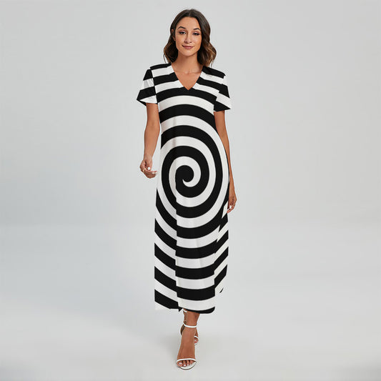 Black And White Swirl Illusion Print Short Sleeve Maxi Dress