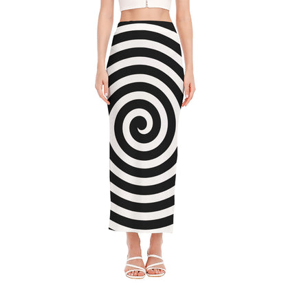 Black And White Swirl Illusion Print Side Slit Maxi Skirt