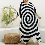 Black And White Swirl Illusion Print Silk V-Neck Kaftan Dress