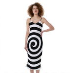 Black And White Swirl Illusion Print Slim Fit Midi Cami Dress