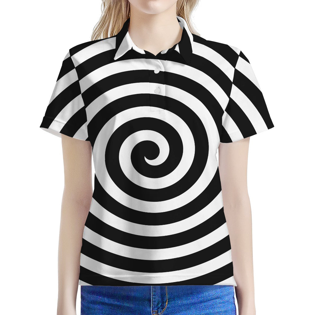 Black And White Swirl Illusion Print Women's Polo Shirt