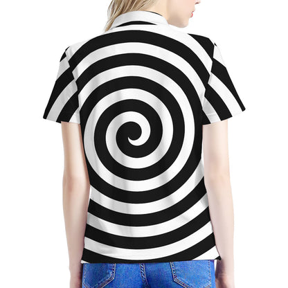 Black And White Swirl Illusion Print Women's Polo Shirt