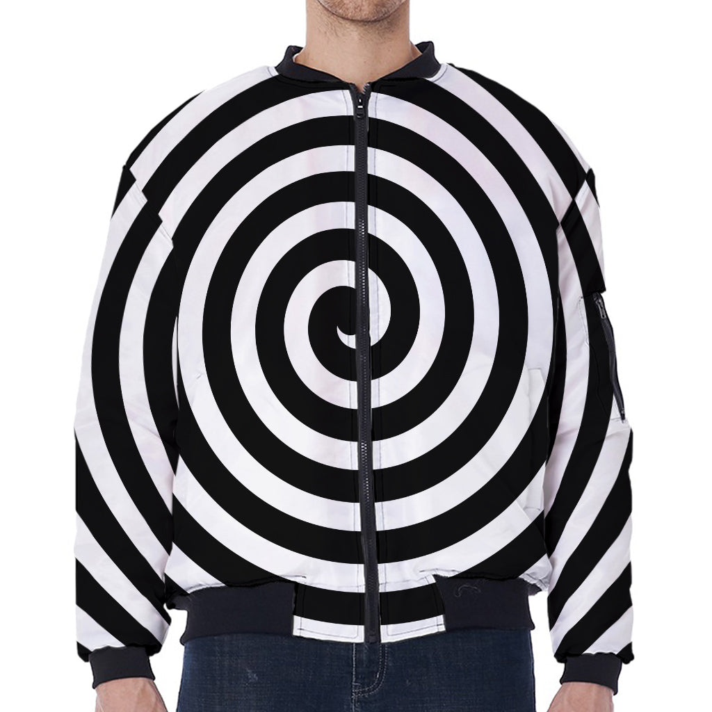 Black And White Swirl Illusion Print Zip Sleeve Bomber Jacket