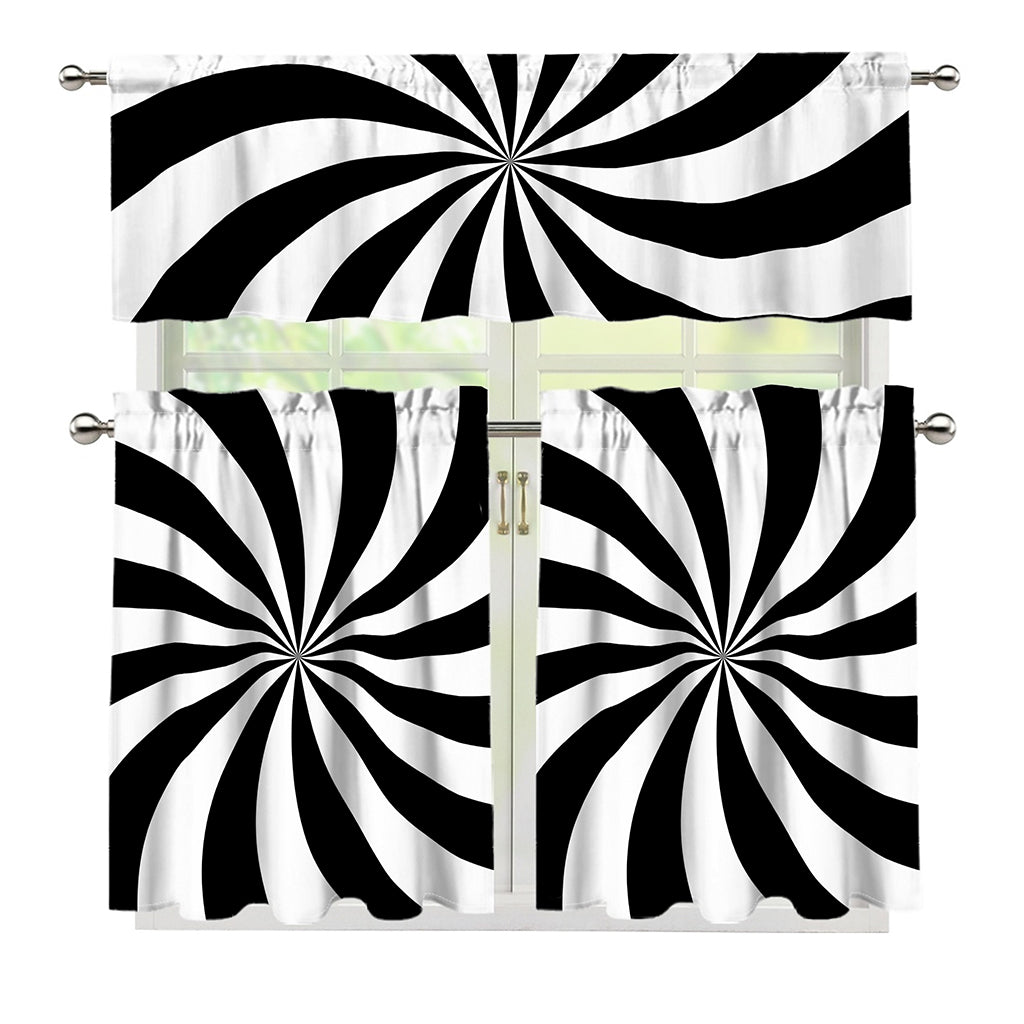 Black And White Swirl Print 3 Piece Kitchen Curtains