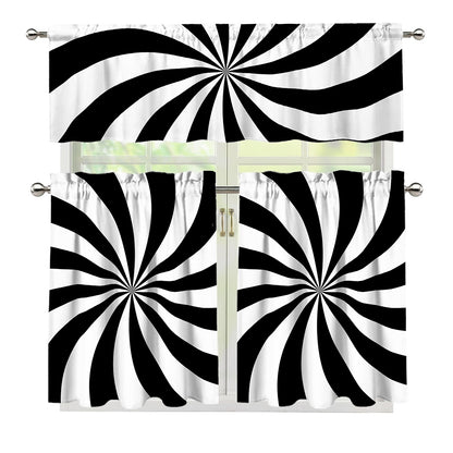 Black And White Swirl Print 3 Piece Kitchen Curtains