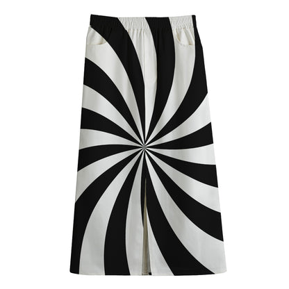Black And White Swirl Print Cotton Front Slit Maxi Skirt