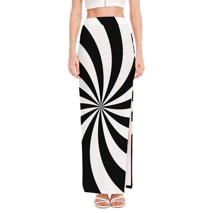 Black And White Swirl Print High Slit Maxi Skirt