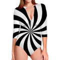 Black And White Swirl Print Long Sleeve Swimsuit
