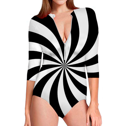 Black And White Swirl Print Long Sleeve Swimsuit