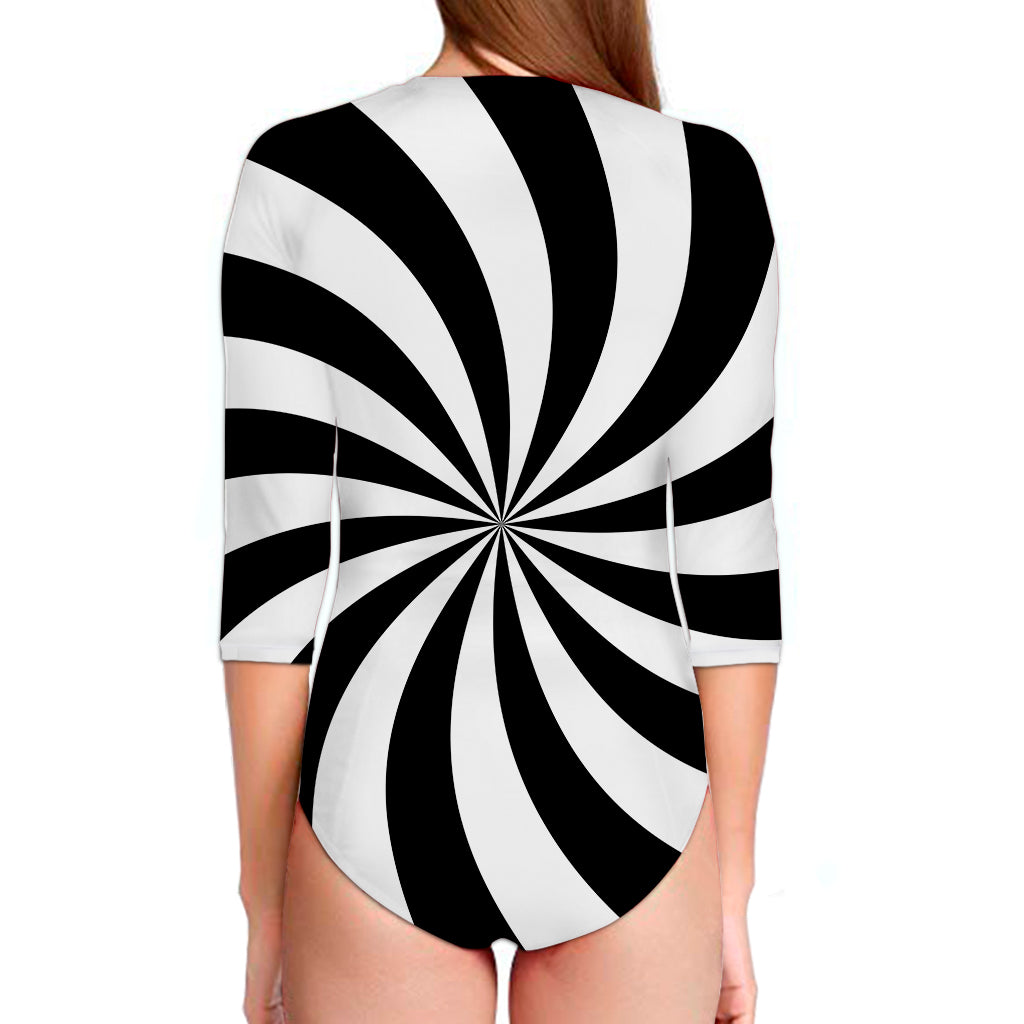 Black And White Swirl Print Long Sleeve Swimsuit