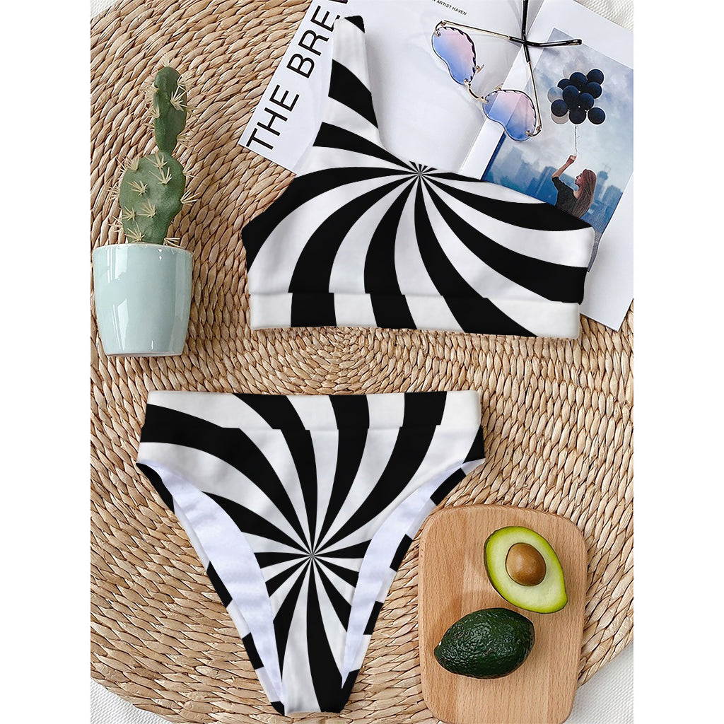Black And White Swirl Print One Shoulder Bikini Top