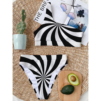 Black And White Swirl Print One Shoulder Bikini Top