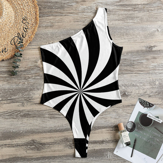 Black And White Swirl Print One Shoulder Bodysuit